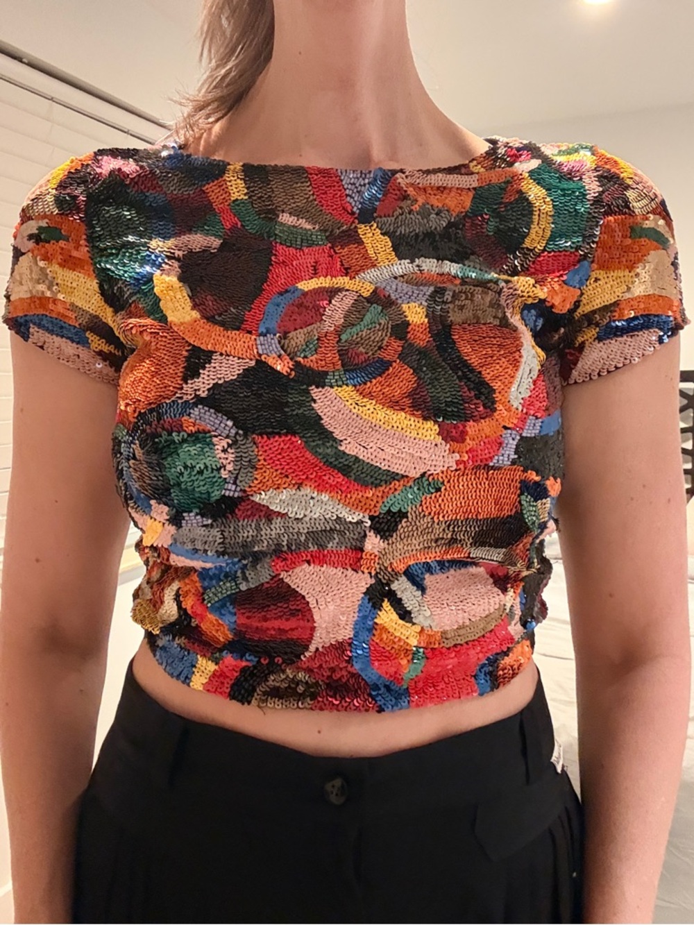 Multicolor Sequin Abstract Crop Top - Women's Short Sleeve